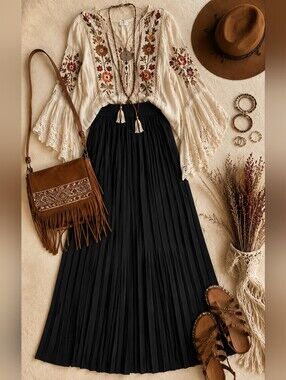 Elegant Black Pleated Maxi Skirt Medium